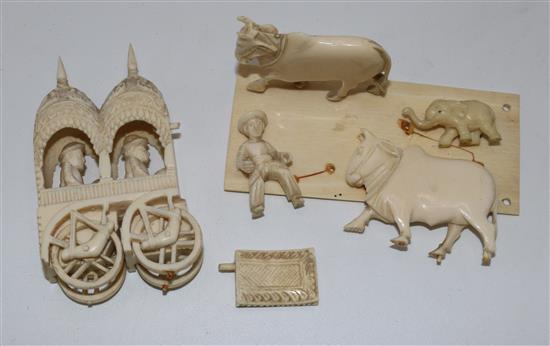 Indian carved ivory model of a bullock cart with figures